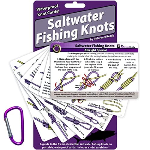 ReferenceReady Saltwater Fishing Knot Cards - Waterproof Pocket Guide to 15 Big Game Fishing Knots | Includes Portable Book of Inshore and Deep Sea Fishing Knots and a Mini Carabiner image