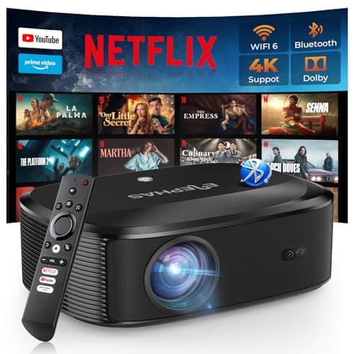 4K Projector with Wifi and Bluetooth, ELEPHAS Outdoor Movie Projector with NETFLIX/Prime Video/YouTube Built-in, 100,000+ Apps Supported, Video Projector Compatible with HDMI/USB/iOS/Android/Windows image