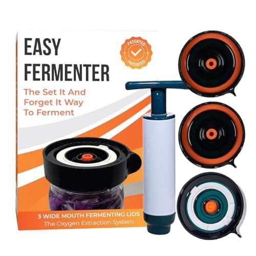 Easy Fermenter Fermentation Kit, Includes 3 Fermenting Lids for Wide Mouth Mason Jars & Oxygen Extractor Pump, Mason Jar Airlock Lid For Fermenting Kimchi, Pickle, & Sauerkraut image