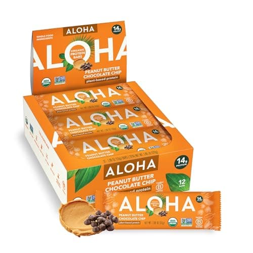 ALOHA Organic Plant Based Protein Bars |Peanut Butter Chocolate Chip | 1.98 Oz (Pack of 12) | Vegan, Low Sugar, Gluten Free, Paleo, Low Carb, Non-GMO, Stevia Free, Soy Free, No Sugar Alcohols image