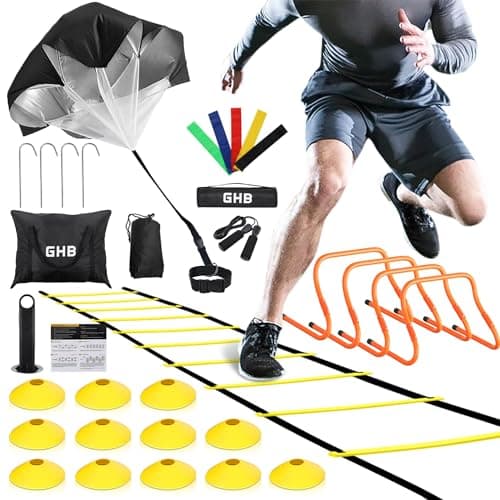 GHB Agility Ladder, Football Training Equipment Set, 4 Agility Hurdles, 20 feet12 Rungs Speed Ladder, 12 Disc Cones, Resistance Parachute, Jump Rope image