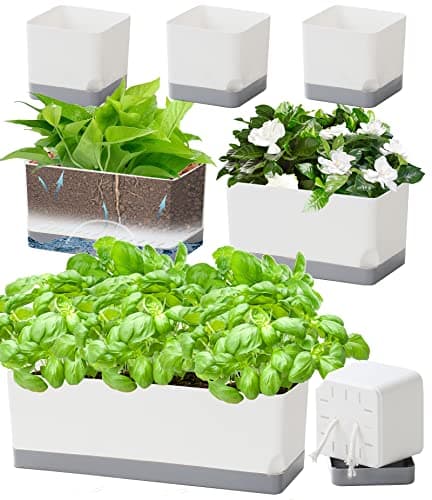 Vugosson Self Watering Planters Pots for Indoor Plants, 7 Pack Plastic Planter Box Flower Pots for Indoor Outdoor Plants, Rectangle Herb Planter Window Boxes Planterswith Drainage, Light Gray Tray image