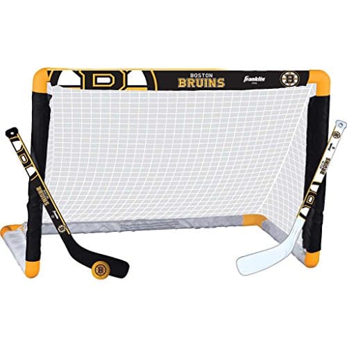Franklin Sports Boston Bruins Mini Hockey Set - Knee Hockey Goal, Ball, & 2 Hockey Stick Combo Set - Mini Goal Net - NHL Official Hockey Set, 28" x 20" x 12" image