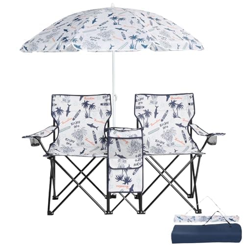 Outvita Folding Double Camping Chair w/Umbrella Beverage Holder Carrying Bag Cooler Fold Up Table, Large Bearing Capacity for Beach Patio Pool Park Outdoor Shark Pattern image