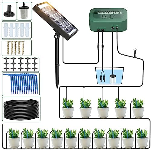 PChero Solar Automatic Drip Irrigation Kit, Solar Powered Auto Watering System with 12 Timer Modes for Indoor Balcony Outdoor Garden Greenhouse, Supported 15 Pots Plants image