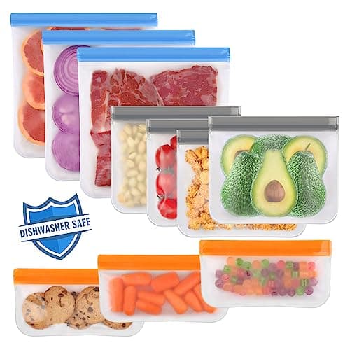 Lerine 10 Pack Dishwasher Safe Reusable Bags, Leakproof Reusable Freezer Bags, Silicone and BPA Free Reusable Storage Bags for Marinate Food Travel - 3 Gallon 4 Sandwich 3 Snack Bags image