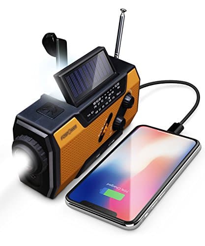 FosPower Emergency Weather Radio (Model A1) NOAA/AM/FM with 7400mWh Portable Power Bank, USB/Solar/Hand Crank Charging, Battery Operated, SOS Alarm & Flashlight for Indoor/Outdoor Emergencies image