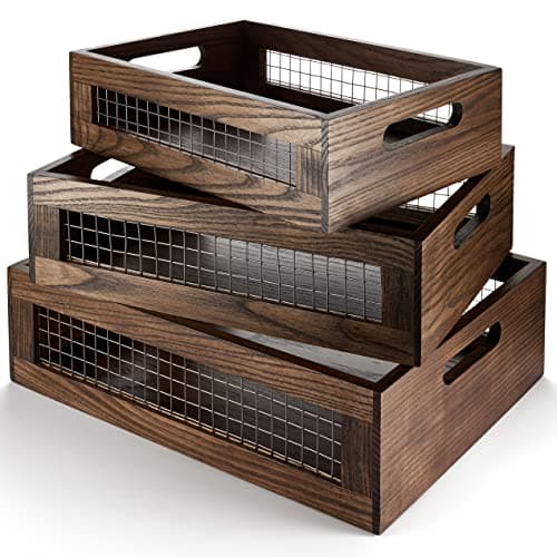 NAGAWOOD Wooden Nesting Countertop Baskets Set of 3 for Kitchen, Bathroom, Pantry|Wall Mount Upgrade with Full Accessories|Wooden storage organizer For Fruit, Vegetables, Produce, Bread|Wooden Crate with handles|Decorative Walnut Wood and Metal Wire image