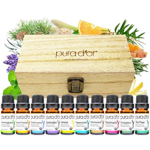 PURA D'OR Organic Perfect10 Essential Oils Set - 10x 10mL Wood Box Aromatherapy Gift Set - 100% Pure Therapeutic Grade for Relaxation and Wellness (Lavender, Peppermint, Eucalyptus, Tea Tree & More) image