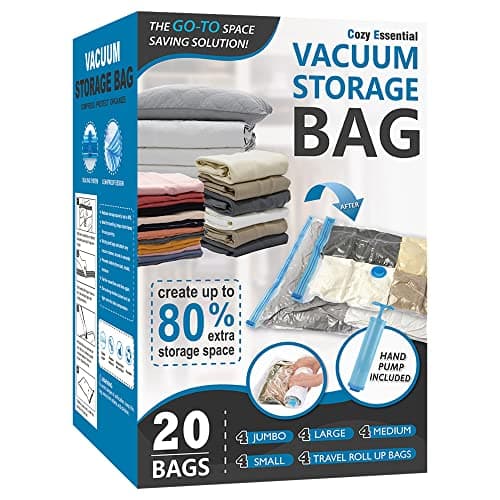 20 Pack Vacuum Storage Bags, Space Saver Bags (4 Jumbo/4 Large/4 Medium/4 Small/4 Roll) Compression for Comforters and Blankets, Sealer Clothes Storage, Hand Pump Included image