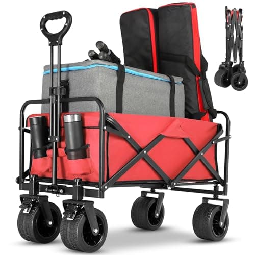 EVLIQUIL Collapsible Foldable Beach Wagon,Folding Wagon Cart with Big Wheels,Utility Grocery All Terrain Wagons carts Foldable with Brakes for Sand Camping Sports Outdoor(Rose Red). image