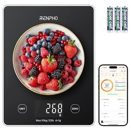 RENPHO Digital Kitchen Scale, Smart Food Weight Scale with Nutritional Calculator, Gram Scale for Weight Loss Cooking Baking Keto Macro Diet, Black Glass, 22lb/10kg image