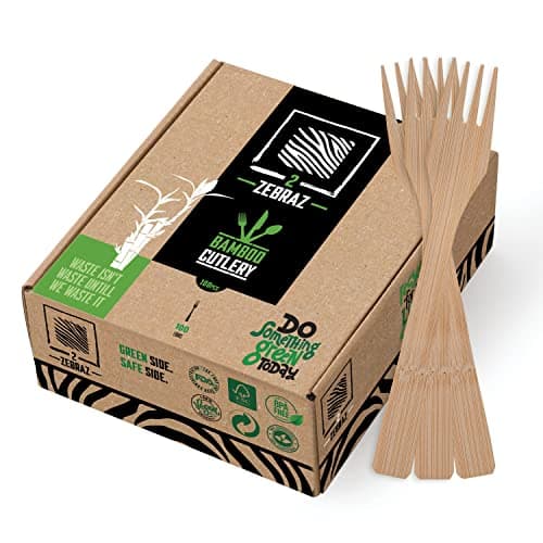 2ZEBRAZ 100% Bamboo Cutlery Set - 100 Forks, Smooth Reusable Biodegradable Silverware, Compostable and Durable Disposable Utensils, Eco-Friendly Flatware in Premium Box image