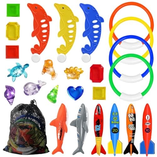 Jasonwell Pool Diving Toys Games - 25PCS Swimming Pool Toys with Dive Sticks and Rings Underwater Treasures Torpedo Bandits Fish Toys etc Fun Water Swim Toys for Boys Girls Adults Kids Teens image