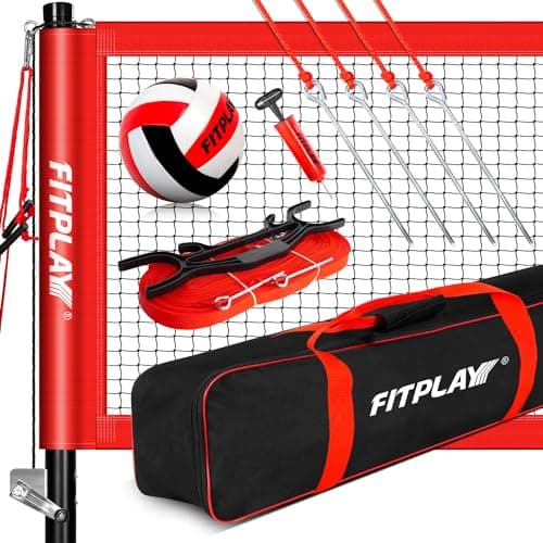 FITPLAY Professional Volleyball Net Set with Anti-Sag System,3 Height Adjustable Steel Poles,PU Volleyball,Pump,Boundary Line and Waterproof CarryBag for Outdoor,Backyard,Beach image