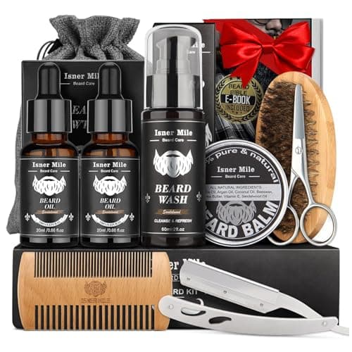 Isner Mile Beard Kit for Men, Grooming & Trimming Set with Beard Wash Shampoo, Oil, Balm, Brush, Comb, Scissors & Storage Bag, Fathers Birthday Gifts Valentines Gifts for Him Dad Men Boyfriend image