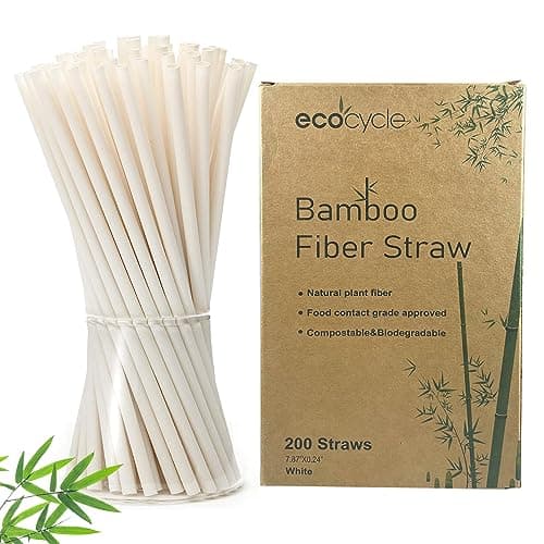 EcoCycle Biodegradable Disposable Bamboo Fiber Straws- 200pcs | 7.8'' Inch | Compostable and Biodegradble image