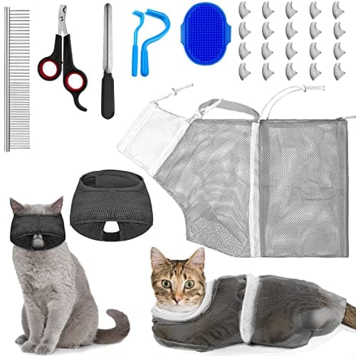 Kritkin 9 Pcs Cat Bathing Bag Set Cat Shower Bag Anti Bite and Scratch for Pet Grooming Washing Brush Comb Muzzle Nail Clipper Nail File Tick Tool(Blue, Gray) image