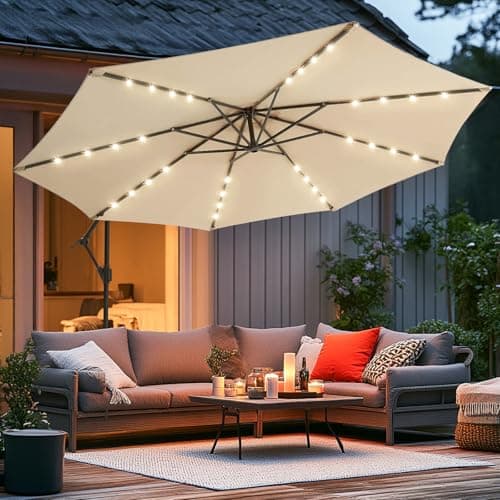 wikiwiki 10ft Solar LED Offset Hanging Market Cantilever Patio Umbrella for Backyard, Poolside, Lawn and Garden, Easy Tilt Adjustment, Polyester Shade & Cross Base, Beige image