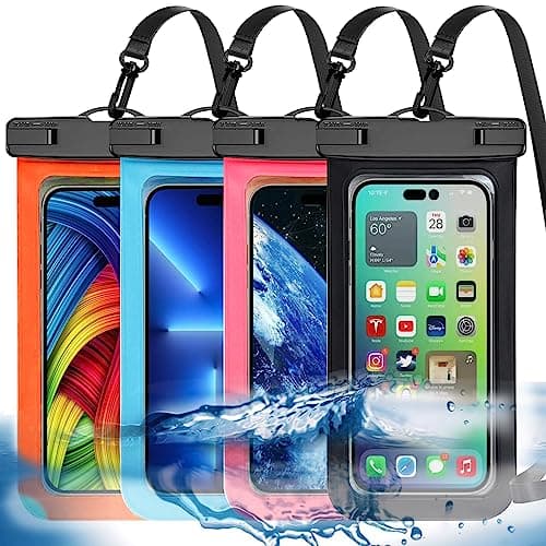 4 Pack Multicolor Universal Waterproof Phone Pouch, Large Phone Waterproof Case Dry Bag (Protection Level: IP68) Outdoor Sports for Apple iPhone,Samsung,and up to 7.5" (Black,Blue,Pink,Orange) image