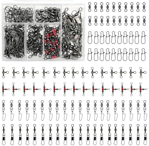 FINOSEAK 110Pcs Strong Fishing Snap Swivels Kit, Include Rolling Barrel Swivels, Premium 3 Ways Fish Line Connector with Snaps Clips, Fishing Terminal Accessories Tackle Box for Lures Sinkers image