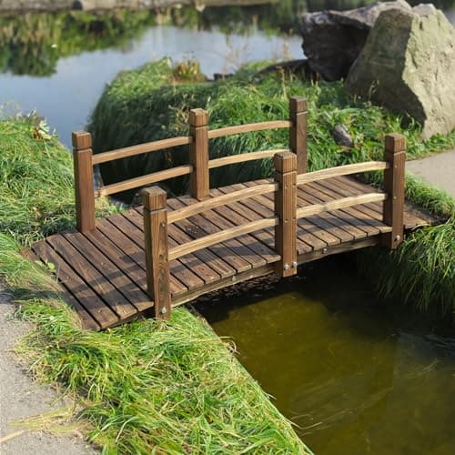 EPICOZY Wooden Garden Bridge Classic Wood Arch Stained Finish Footbridge with Safety Railings, 530 lbs Capacity, Decorative Pond Bridge Landscaping for Outdoor Garden Backyard Creek Farm, Carbonized image