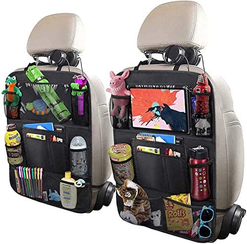 ULEEKA Car Backseat Organizer with 10" Table Holder, 9 Storage Pockets Seat Back Protectors Kick Mats for Kids Toddlers, Travel Accessories, 2 Pack image