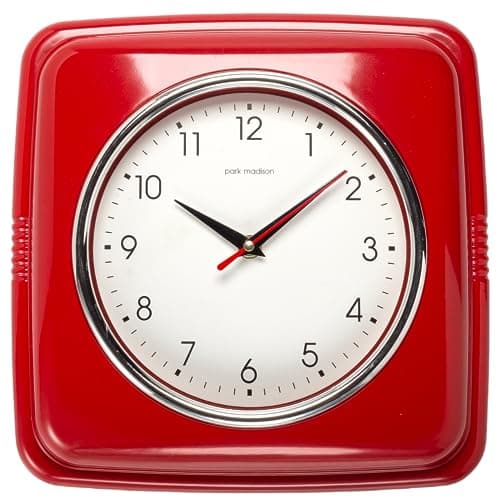 Park Madison Square Silent Retro 11 inch Mid Century Modern Kitchen Diner Retro Wall Clock Silent Quartz Movement (Red) image
