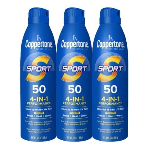 Coppertone Sport Sunscreen Spray SPF 50, Water Resistant Spray Sunscreen Bulk Pack, 5.5 Oz, Pack of 3 (Packaging May Vary) image