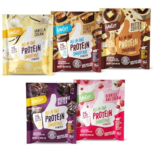 FlavCity All-in-One Protein Smoothie Powder, Variety Pack (5 Single Serve Packets) - 100% Grass-Fed Whey Protein Powder with 25g Protein & 10g Collagen - Gluten-Free Pre Workout & Post Workout Drink image