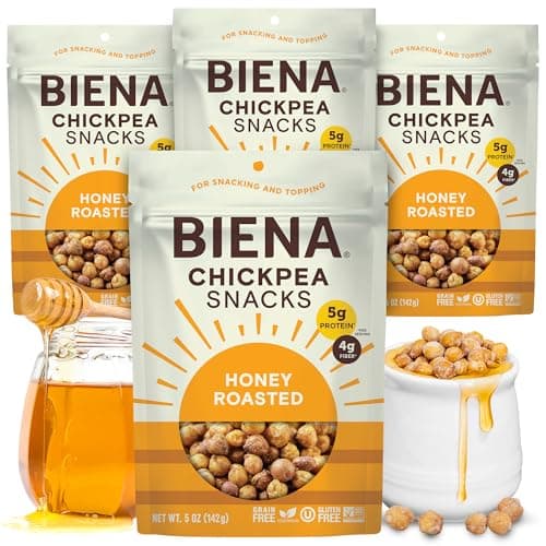 BIENA Chickpea Snacks - Crunchy Roasted Chickpeas - High Fiber Protein Snacks for Adults and Kids - 4-Pack, 5 Ounce Bags - Honey Roasted image