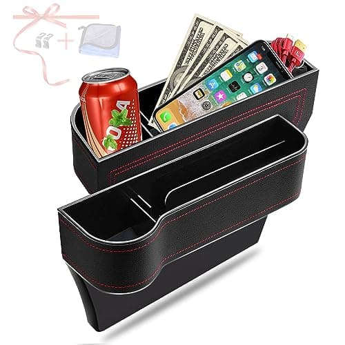 Car Seat Gap Filler Organizer, 2 Pack Multifunctional Car Seat Organizer, Auto Console Side Storage Box with Cup Holders 2 Seat Hooks for Drink, Car Organizer Front Seat for Holding Phone, Sunglasses image