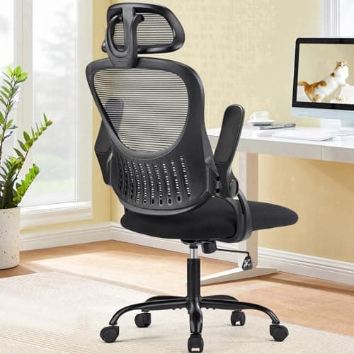 Sweetcrispy Office Computer Desk Chair, Ergonomic High-Back Mesh Rolling Work Chairs with Wheels and Adjustable Headrests, Comfortable Lumbar Support, Comfy Flip-up Arms for Home, Bedroom, Study, Black image