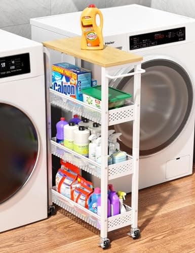 OKZEST Utility Slim Storage Cart, 4 Tier Small Rolling Kitchen Laundry Room Cart with Wood Top, Metal Narrow Bathroom Storage Cabinet Mobile Shelf Unit Organizer Trolley with Handle for Narrow Space image