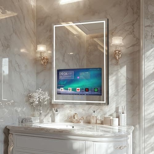 Haocrown 24x32 Inch Bathroom Vanity Mirror with 21.5" Touch Screen Smart TV, Streaming Apps, Weather Clock Date, 3 Color Dimmable LED Light, Anti-Fog Wi-Fi Bluetooth HDMI, Vertical Wall Mounted (2025) image