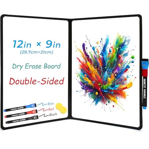 iNenya Double-Sided Whiteboard - Portable, 12" x 9" Dry Erase Boards with 3 Markers, Eraser and Stylish Red Elastic Pen Tray for Office, Education and Home (Black) image