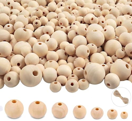pojah 950pcs Wooden Beads for Crafts 7 Sizes Unfinished Natural Wood Beads Wooden Beads Bulk 6mm, 8mm, 10mm, 12mm, 14mm, 16mm, 20mm Beads for Garland Macrame Jewelry Making DIY Farmhouse Decor image