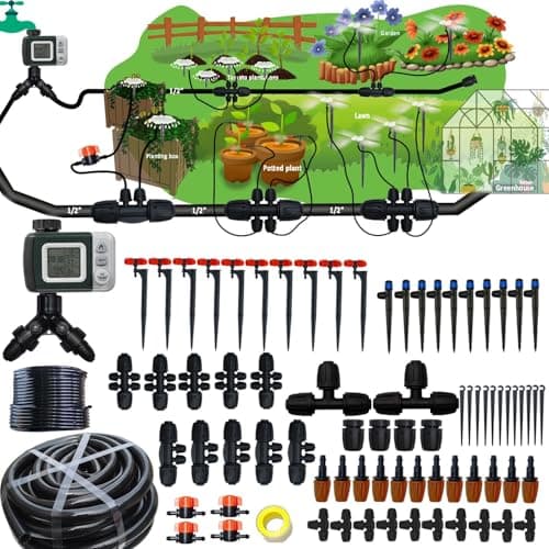 160Ft Drip Irrigation System with Water Timer for Garden, Main Water Hose ID 1/2inch 30Ft, 1/4in 130Ft, Sufficient Water Pressure, Irrigation Dripper Waterflow Evenly, Easy DIY Garden Watering System image