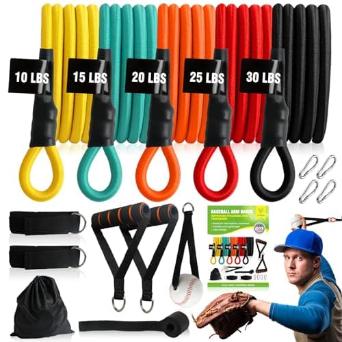 17pcs Baseball Arm Bands Training Kit - CEYOME (5pcs-5 Resistant Level) Baseball Bands, with Baseball Bat, Handles, Door Anchor, Ankle Strap and 4 Hooks, for Improve Arm Strength & Pitching Training image