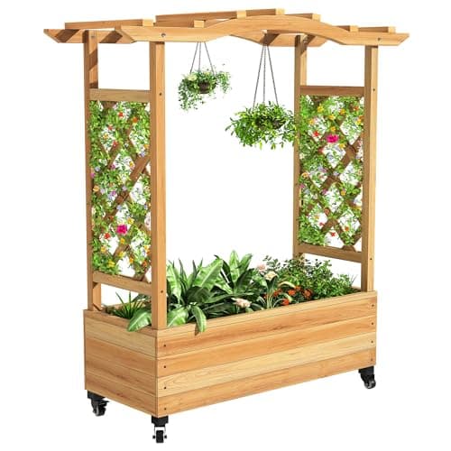 YITAHOME Raised Garden Bed with Trellis and Lockable Wheels, Wood Free-Standing Trellis Planter Box with Hanging Roof for Climbing Plants Flowers in Garden, Patio, Backyard, Balcony, Natural image