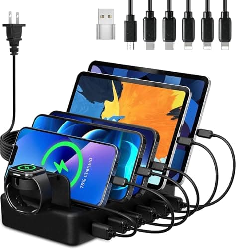 Charging Station for Multiple Devices, CREATIVE DESIGN 50W 6 Ports USB Charger Station with Apple Watch Holder & 6 Cables, Charging Dock for iPad Cellphone Kindle Tablet and Other Electronic (Black) image