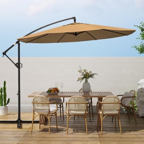 wikiwiki 10ft Patio Umbrellas Offset Outdoor Umbrella Cantilever Hanging Umbrellas w/Infinite Tilt, Fade Resistant Waterproof RECYCLED FABRIC Canopy & Cross Base, for Yard, Garden & Deck, Tan image