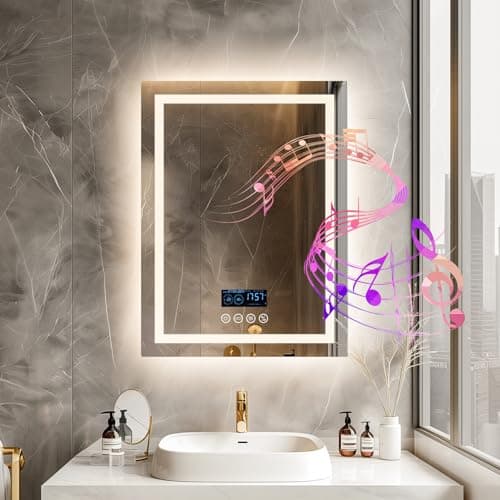 LUVODI Smart LED Bathroom Mirror: 28”x36” Illuminated Restroom Mirror with Bluetooth Speaker and Time Temperature Display - Modern HD Wall Dimmable Vanity Mirror Backlit + Front Lit, Anti-Fog image
