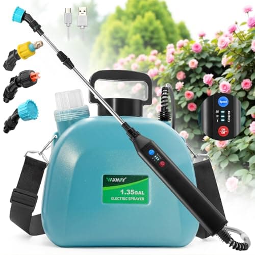 Battery Powered Sprayer 1.35 Gallon, 2025 New Electric Garden Sprayer with 3 Adjustable Speeds, Battery Indicator, 3 Mist Nozzles, Rechargeable Handle with 23.6" Retractable Wand & Shoulder Strap image