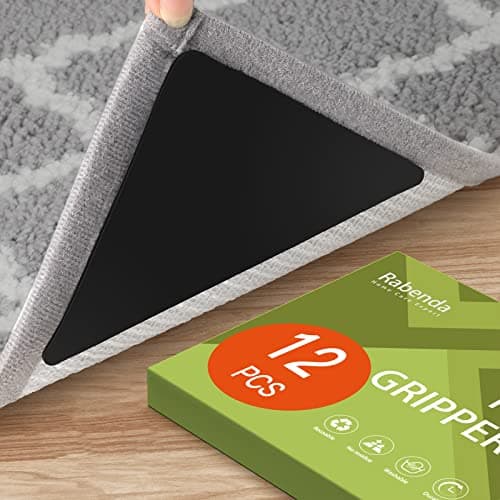 Rabenda 12 Pcs Rug Tape, Non Slip Rug Pads Grippers for Hardwood Floors and Tiles, Reusable Carpet Tape for Area Rugs, Double-Sided Adhesive Rug Stickers Keep Corners Flat (Black) image