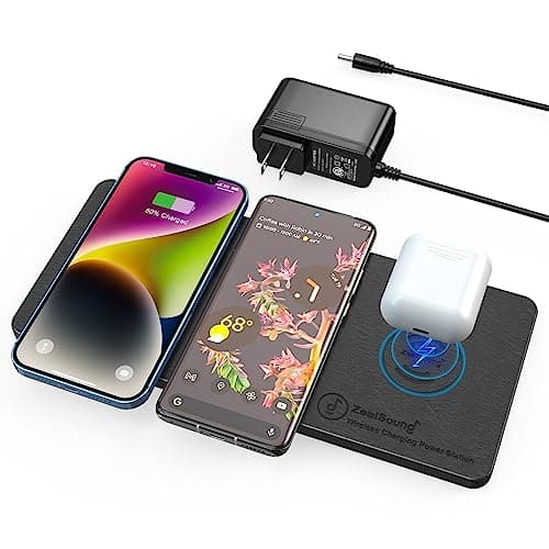 Wireless Charging Pad, ZealSound Ultra-Slim Triple Charger Station for Multiple 3 Devices & New Airpods Ultra Slim PU Leather Wireless Charging Mat W/AC Adapter for Smartphone Phone (Black) image