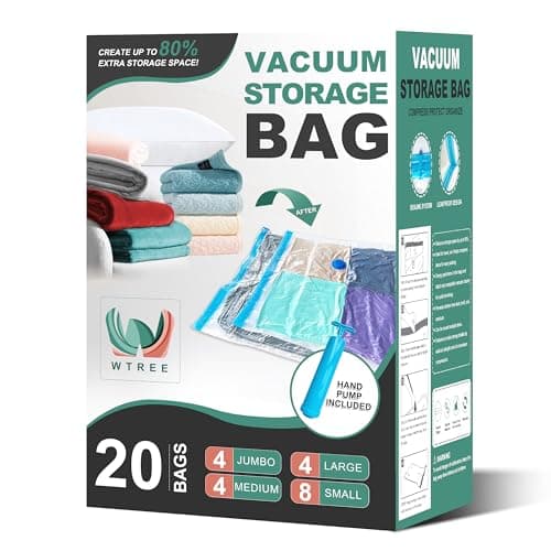 WTREE 20 Pack Vacuum Storage Bags, Space Saver Bags, Vacuum Sealed Bags for Comforters, Blankets, Clothes Storage, Hand Pump Included (4 Jumbo/4 Large/4 Medium/8 Small) image