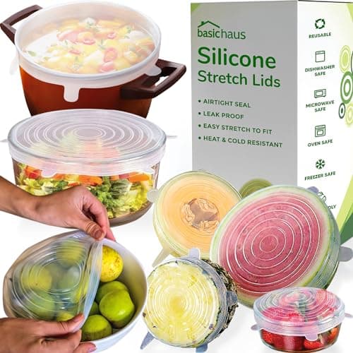 Reusable Silicone Stretch Lids for Food Storage in Fridge - Elastic Heat-Resistant Bowl Covers, Cups, Cans, Jars - Universal Food Grade Lid for Round and Rectangle Containers - Dishwasher Safe -7 Pack image