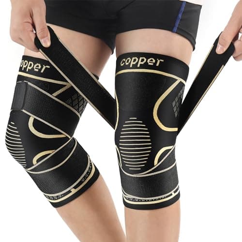 Copper Knee Braces with Strap for Knee Pain Women and Men(2 Pack), Knee Compression Sleeve for Arthritis, ACL, Meniscus Tear, Joint Pain Relief, Knee Support for Working, Running, Weightlifting(L) image