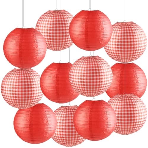 12 Pieces Picnic Party Decorations Red Chinese Paper Lanterns Include 6 Red Paper Lanterns & 6 Checkered Paper Lanterns Round Ceiling Hanging Lantern for Carnival I Do BBQ Party Favor, 12 inch image